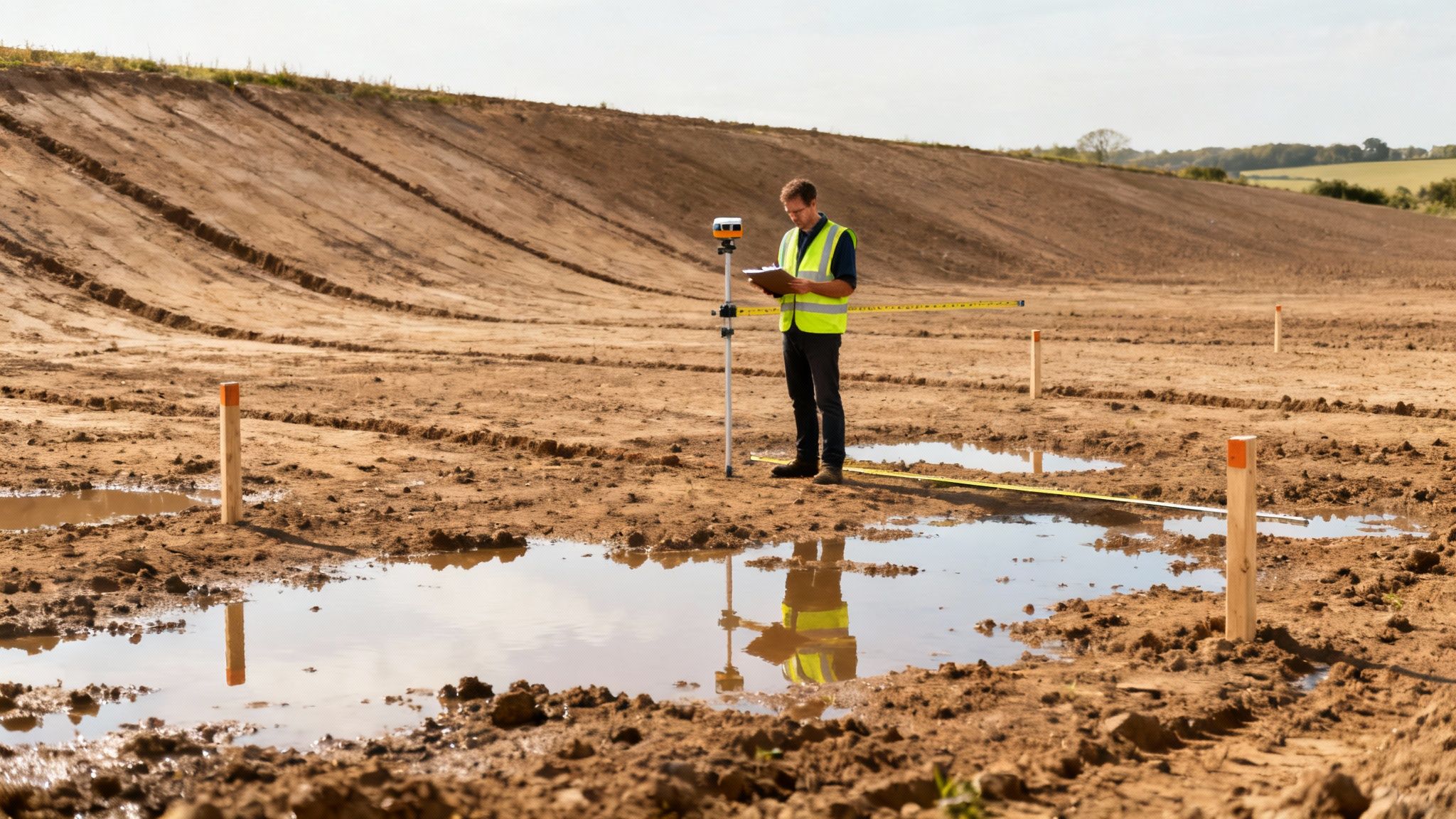 A surveyor measures a muddy land drainage site with stakes and a total station.