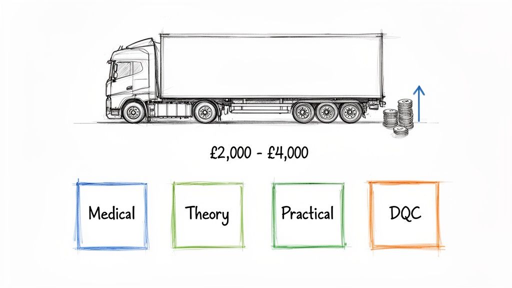 Sketch illustrating the cost of HGV training, showing a truck, price range, and components like Medical, Theory, Practical, DQC.