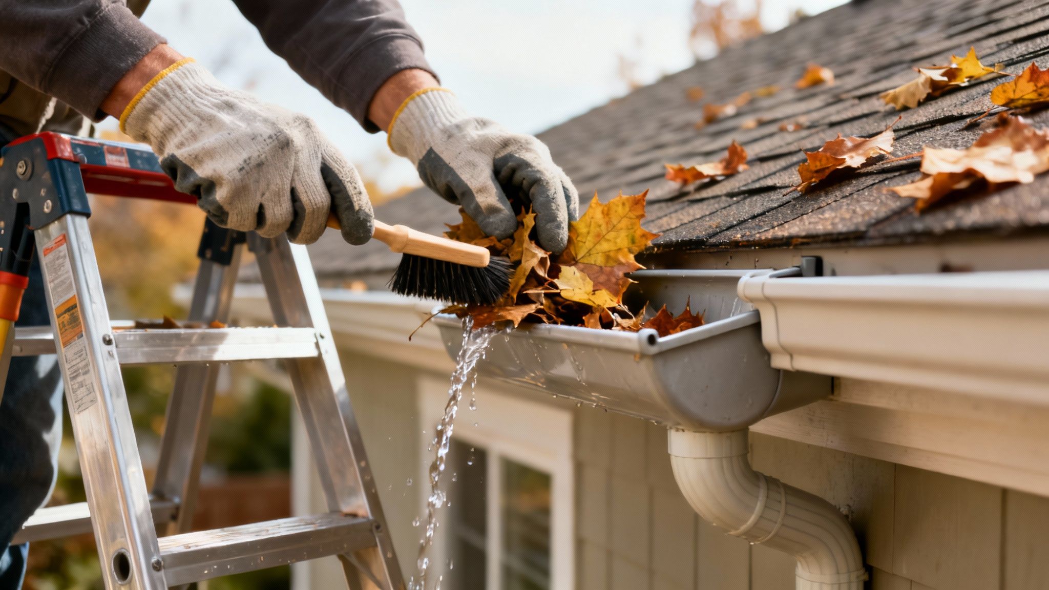 A person on a ladder wearing gloves uses a brush to clear autumn leaves from a clogged rain gutter.