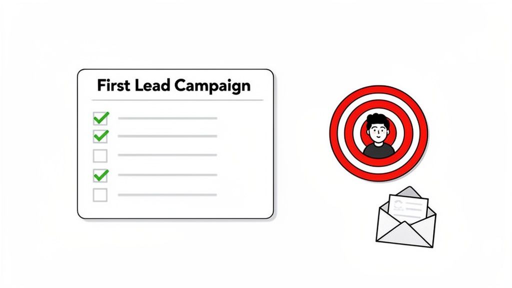First Lead Campaign checklist with checked items, target person, and open email envelope.