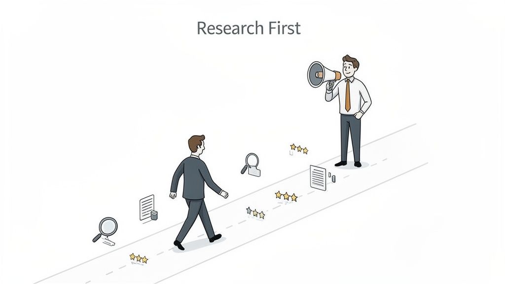 A businessman walks a path with research icons, guided by another man with a megaphone, emphasizing 'Research First'.