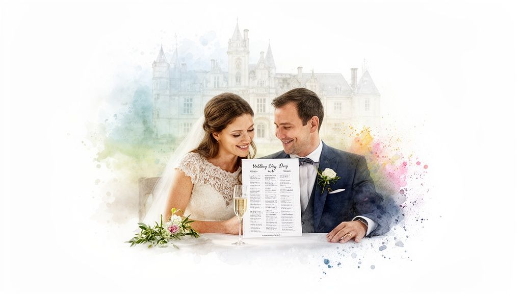 Smiling bride and groom look at their wedding day timeline at a table, with a castle background.