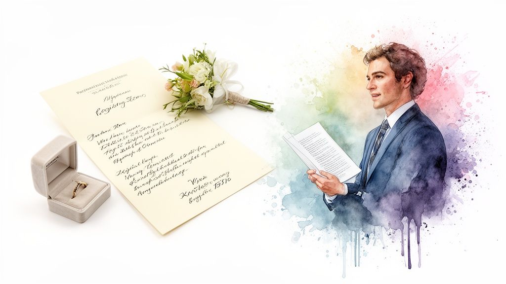 Wedding invitation, ring box with ring, flower bouquet, and watercolor groom illustration.