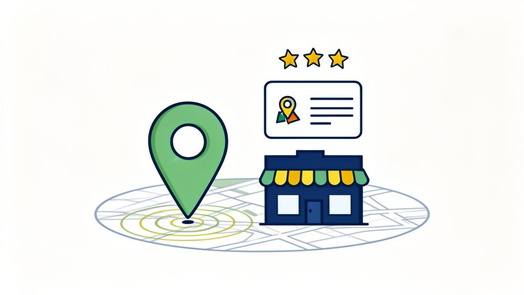 Illustration depicting local SEO: a map pin on a map, a storefront, and a business listing with stars.