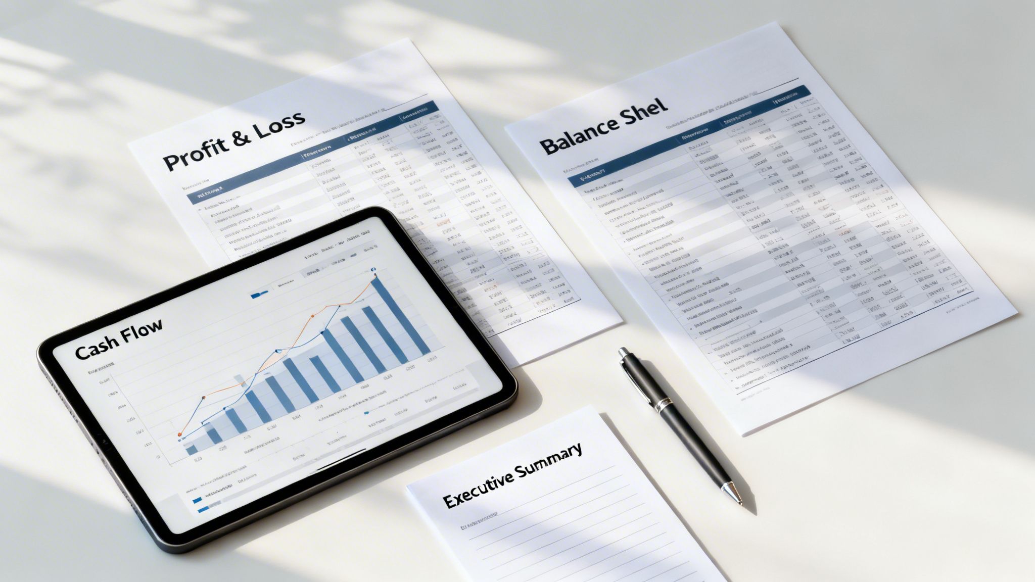 A top-down view of financial documents including Profit & Loss, Balance Sheet, Executive Summary, and a tablet displaying a Cash Flow graph on a white desk.