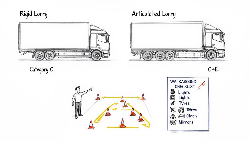 Illustration detailing rigid and articulated lorries, driving categories, a cone course, and a pre-drive walkaround checklist.
