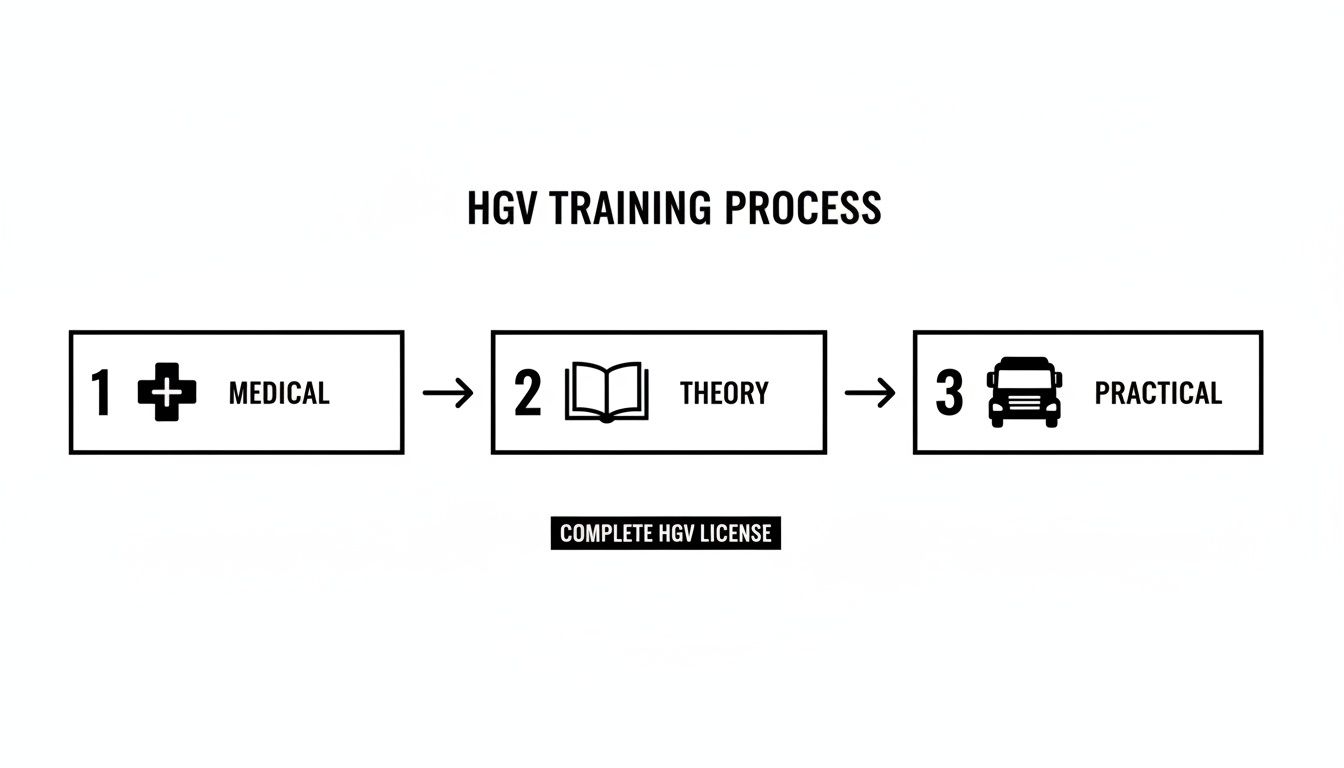 Flowchart outlining the HGV training process with steps for medical, theory, and practical exams to complete the license.