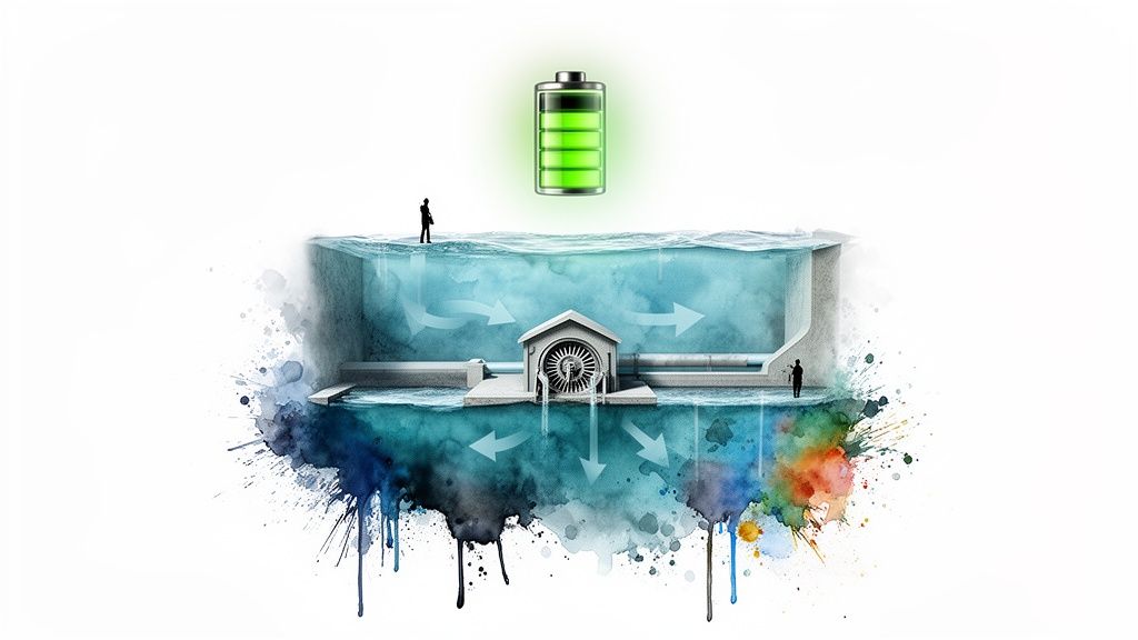A detailed diagram of a pumped-hydro storage system, demonstrating energy generation with a full battery.