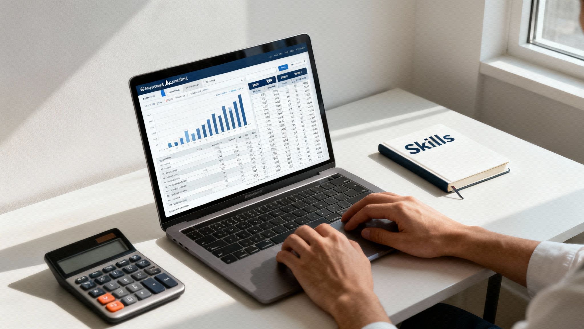 A person's hands typing on a laptop displaying financial data, with a calculator and a 'Skills' notebook on a desk.