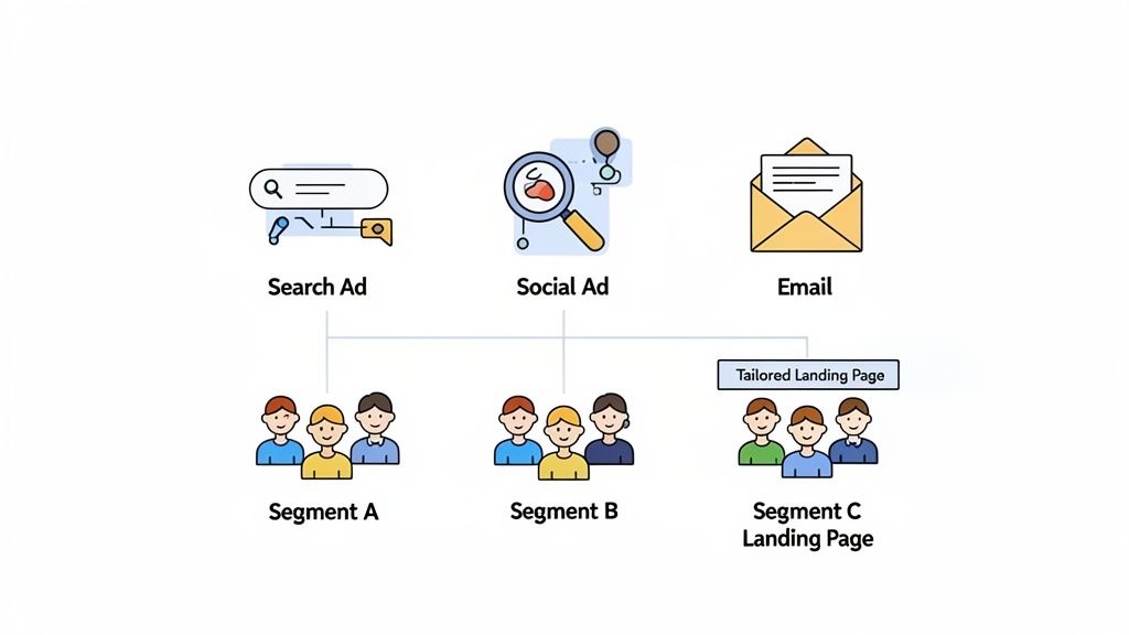 Flowchart illustrating marketing channels like search, social ads, and email leading to segmented audiences and a tailored landing page.