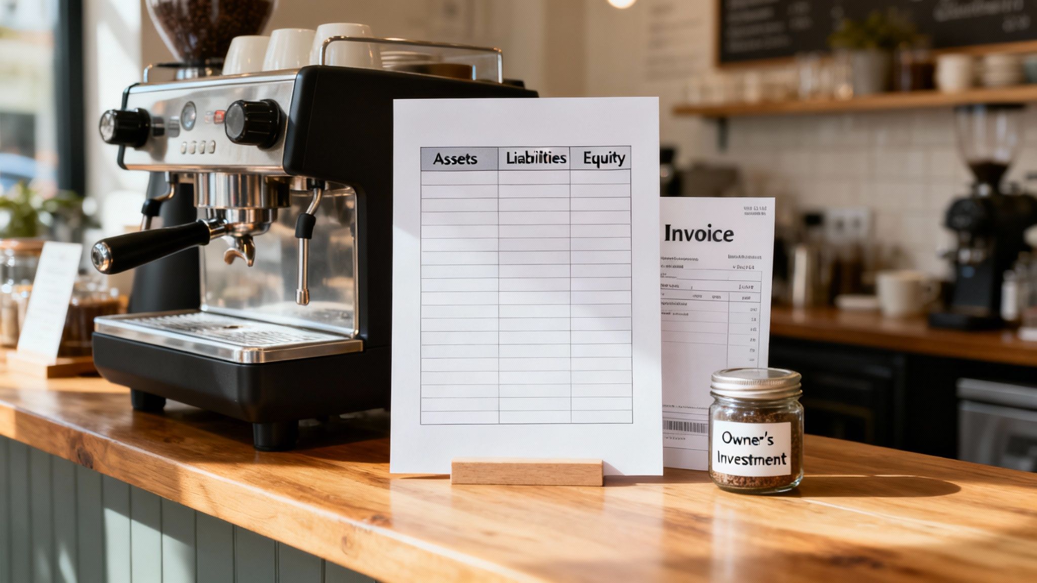 A coffee shop counter displaying a balance sheet, an invoice, an espresso machine, and a jar labeled 'Owner's Investment'.