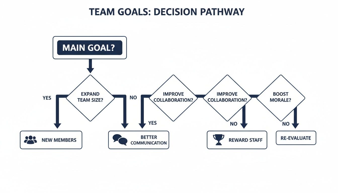 A flowchart detailing a team goals decision pathway for growth, collaboration, and morale.