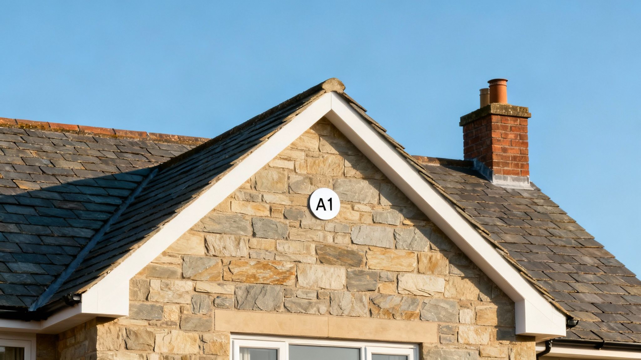 A house gable with a stone wall, dark tiled roof, a chimney, and a prominent 'A1' rating sign.