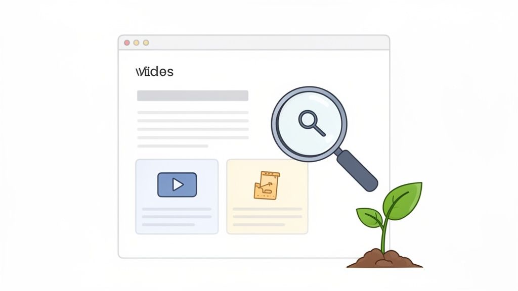 An illustration of a web browser showing content and videos, with a magnifying glass, next to a growing green seedling.