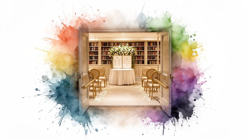 A romantic intimate wedding ceremony setup in a library, framed by colorful watercolor splashes.