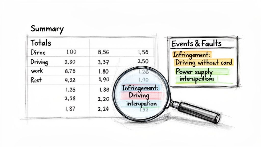 A sketch showing a summary table with driving data, and a list of events and infringements, with a magnifying glass.