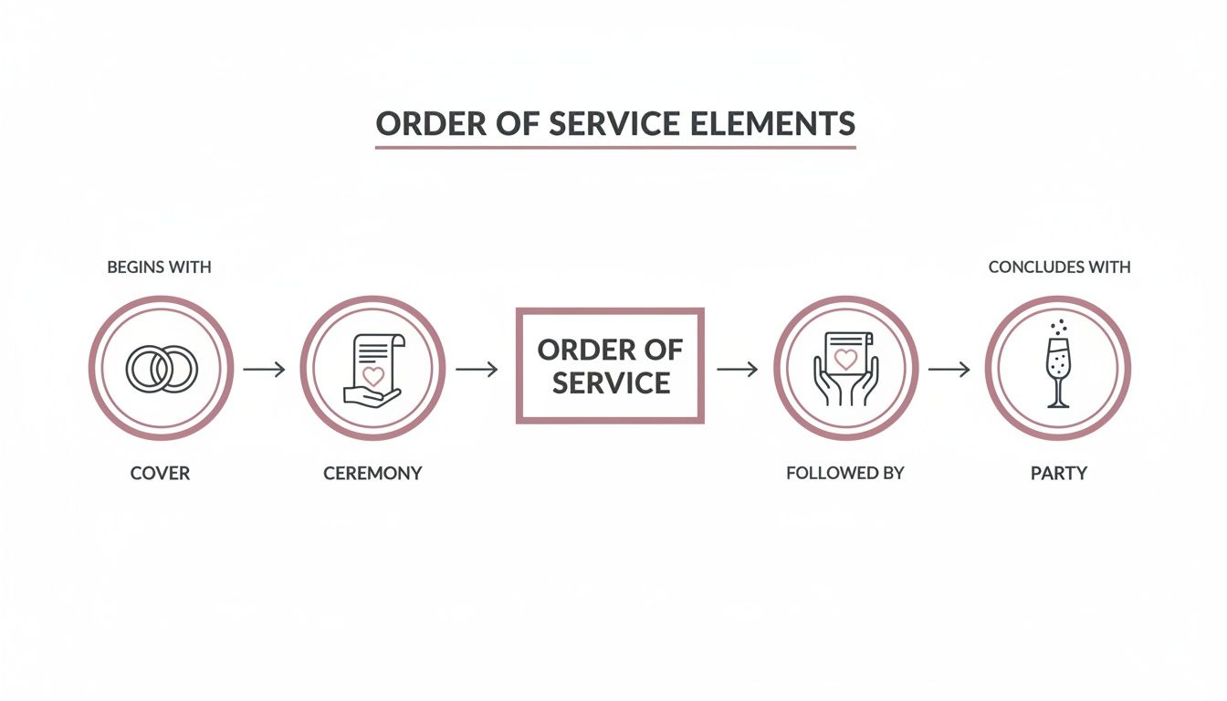 Diagram illustrating the sequence of a wedding order of service, including cover, ceremony, and party.