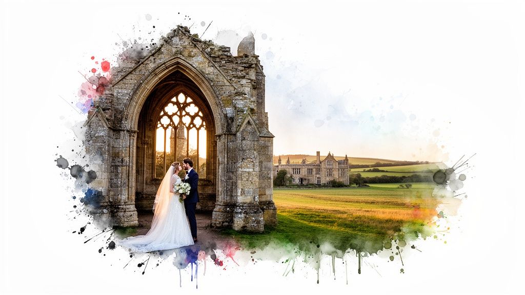 A bride and groom share a tender moment under a stone archway with a historic manor in the background, featuring a watercolor effect.