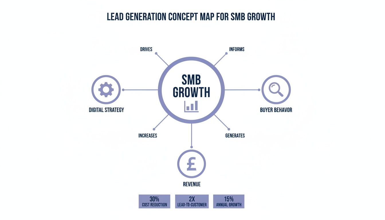 A concept map illustrating lead generation strategies for SMB growth, highlighting digital strategy, buyer behavior, and revenue generation.