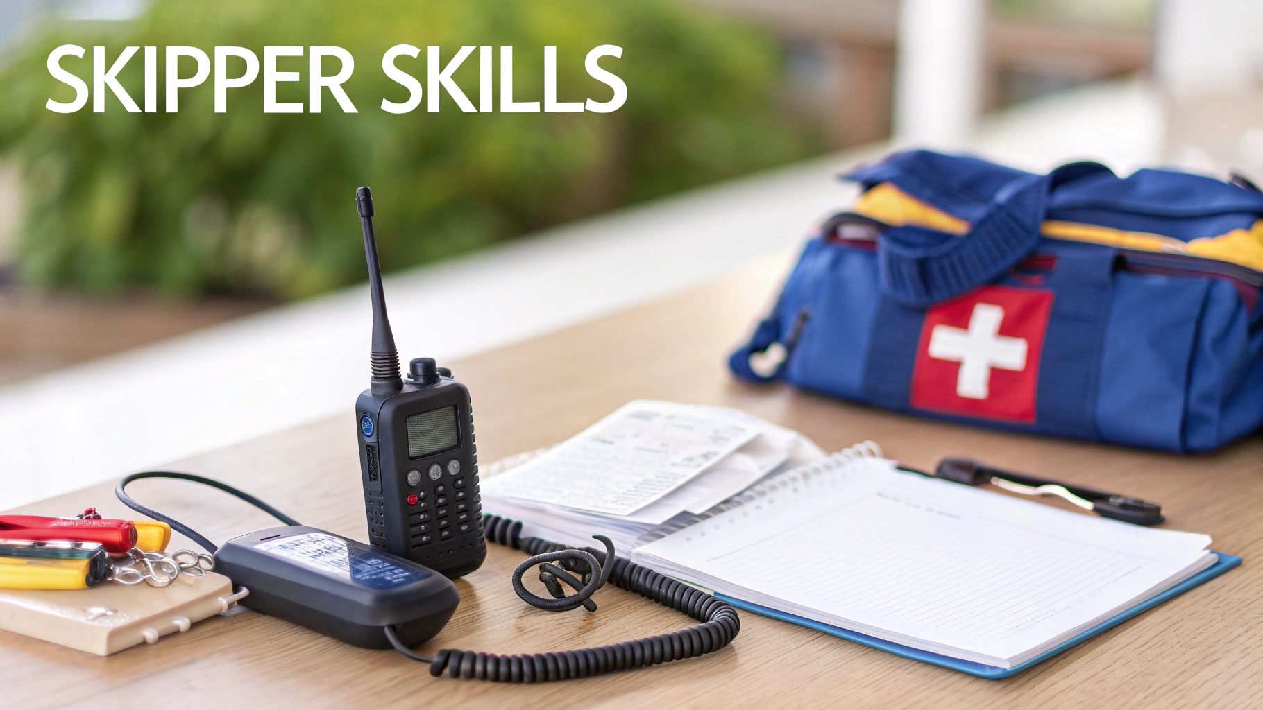 Various maritime tools, including a radio, GPS, notebook, and first aid kit, for skipper skills.