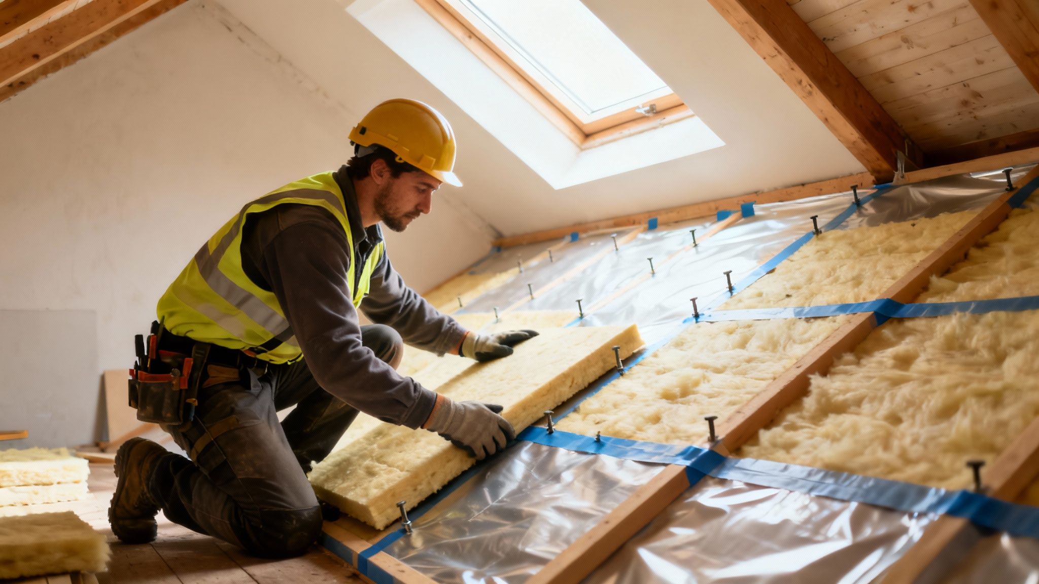 A construction worker in a yellow hard hat and safety vest installs insulation in an attic.