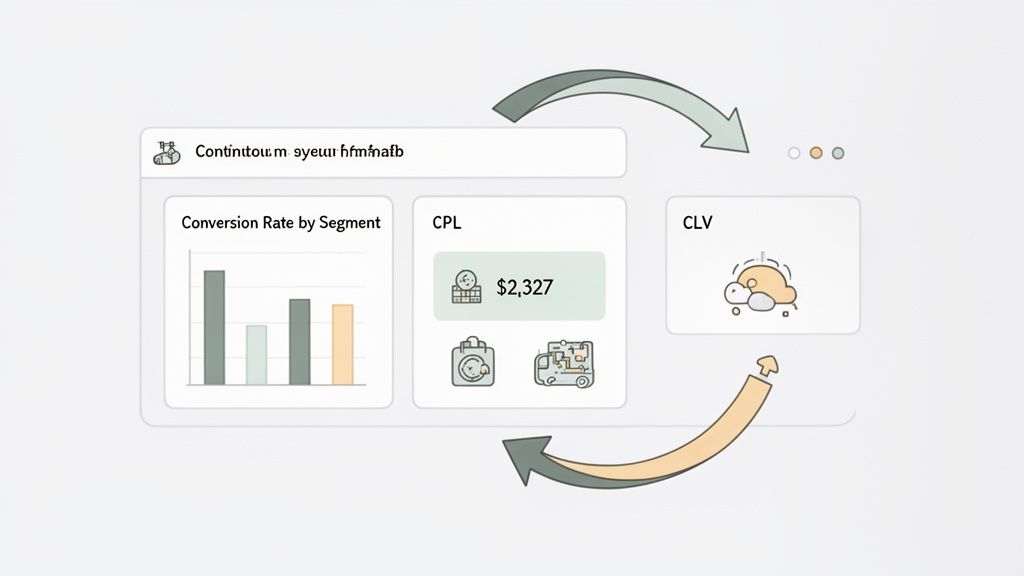 A dashboard displays business metrics including conversion rate by segment, CPL, and CLV, with illustrative icons.