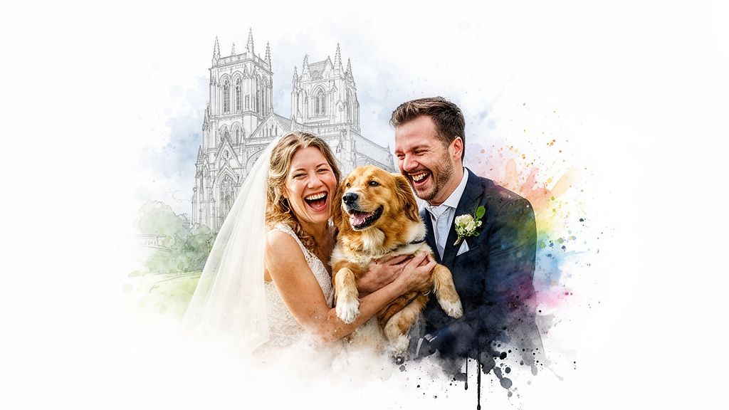Joyful bride, groom, and golden retriever dog celebrate their wedding day with a watercolor church background.