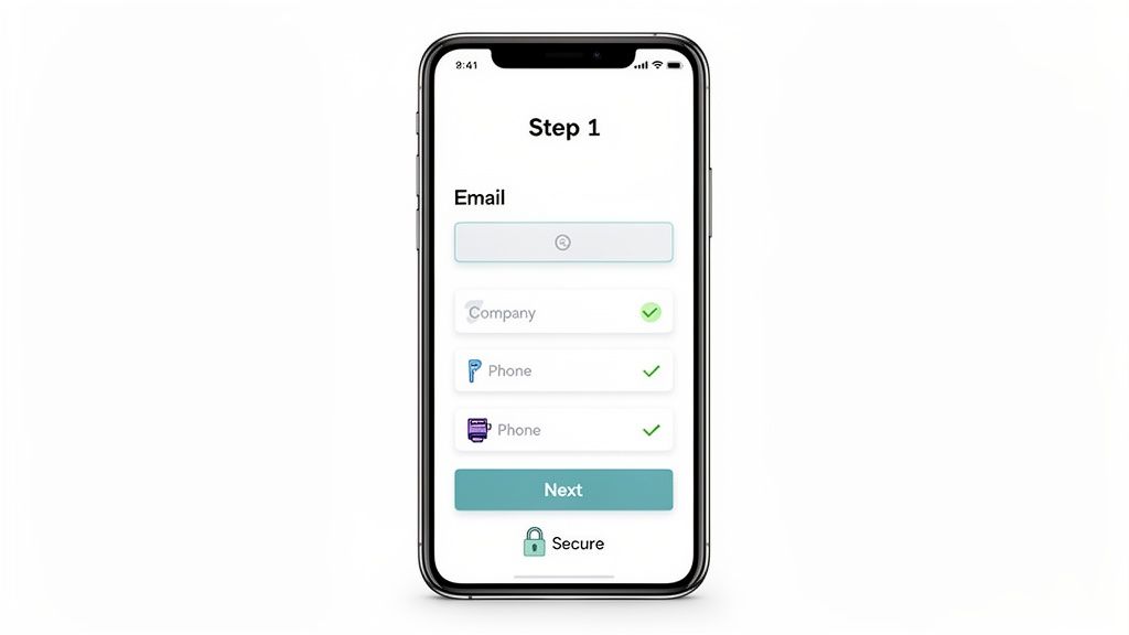 A smartphone screen shows a mobile app registration form with fields for email, company, and phone.