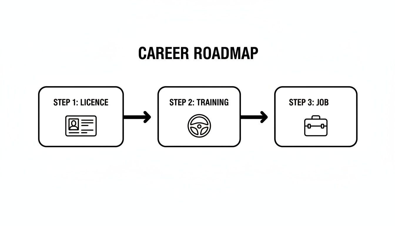 A career roadmap outlines three steps: obtaining a licence, undergoing training, and securing a job.