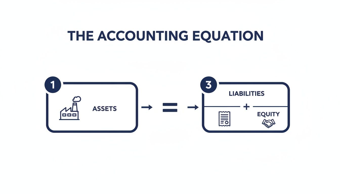 A diagram illustrates the accounting equation: Assets = Liabilities + Equity, with relevant icons.