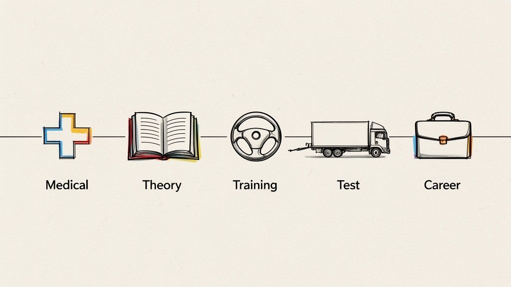 A five-step diagram showing the process for obtaining an HGV license: Medical, Theory, Training, Test, and Career.