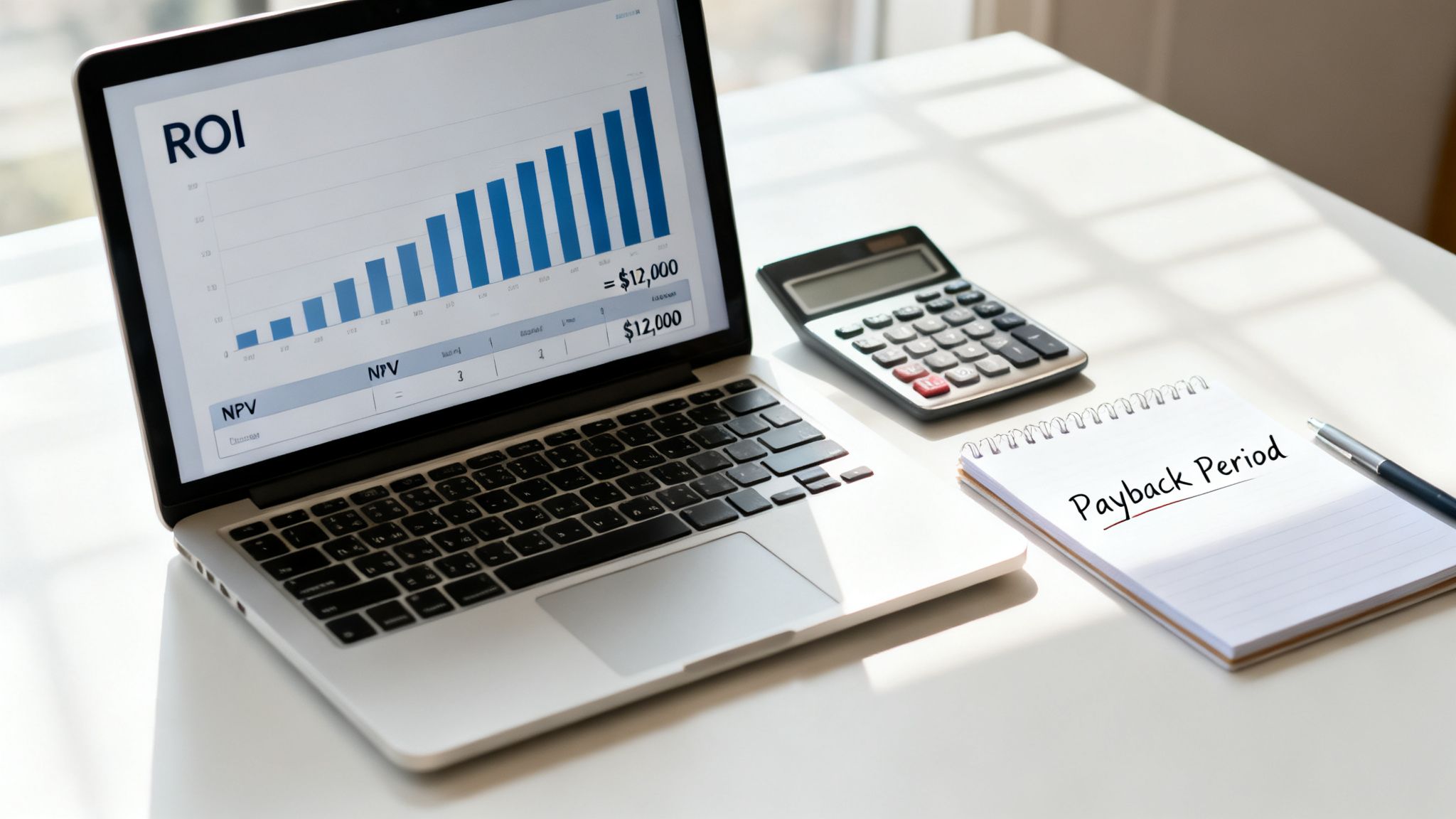 A laptop displays ROI and NPV calculations, with a calculator and a 'Payback Period' notepad on a desk.