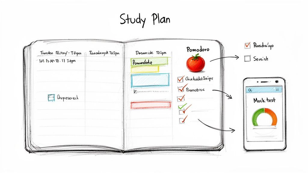 A hand-drawn study plan showing tasks, a Pomodoro timer, a checklist, and a mock test app.