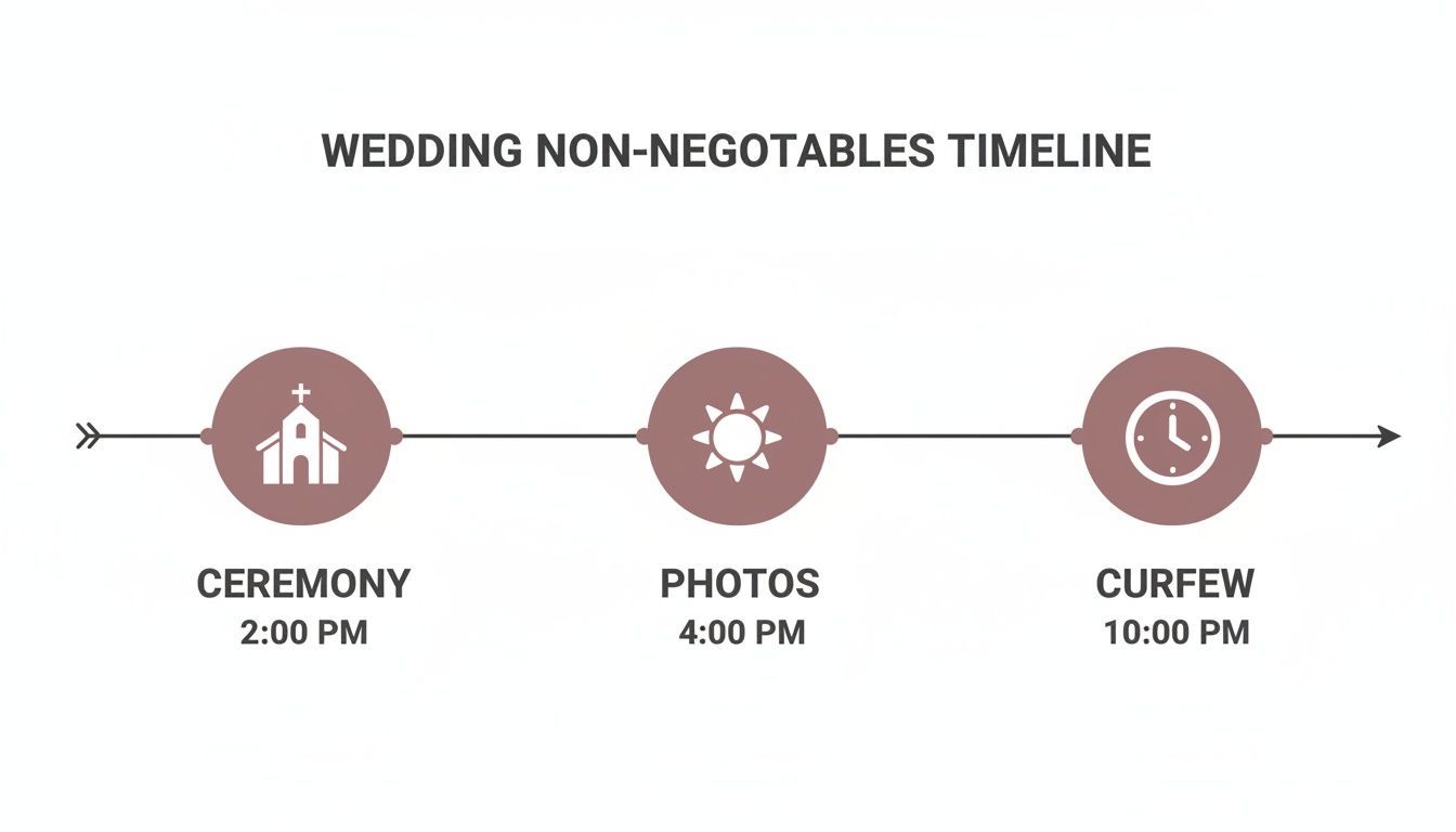 A wedding day timeline showing ceremony at 2 PM, photos at 4 PM, and curfew at 10 PM.