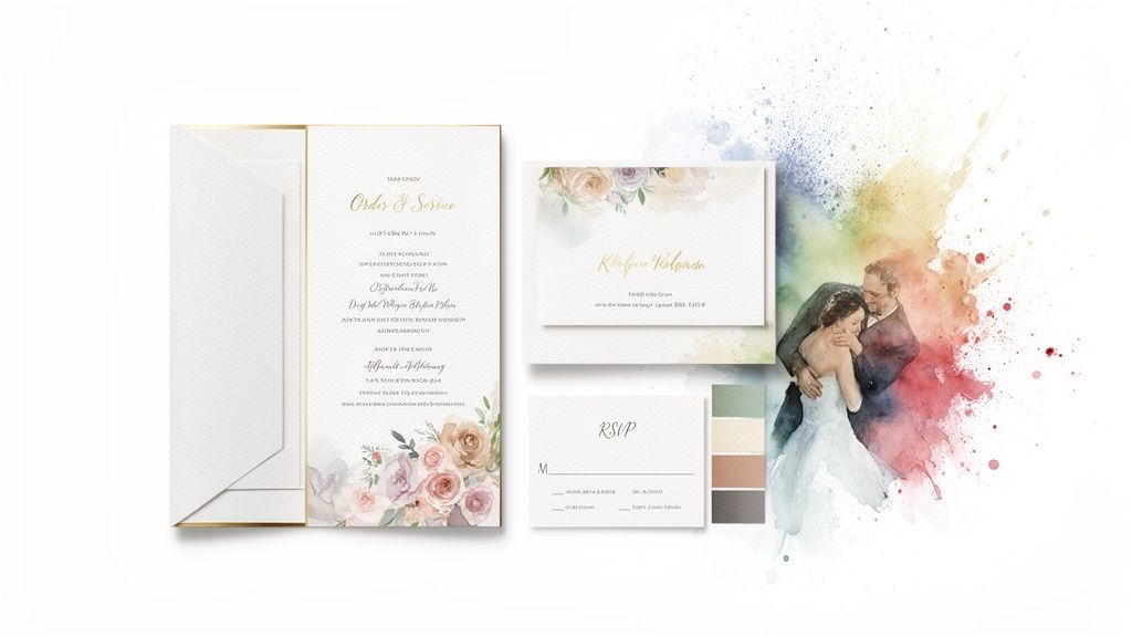 Elegant wedding stationery suite with order of service, welcome card, RSVP, and watercolor portrait of a couple.