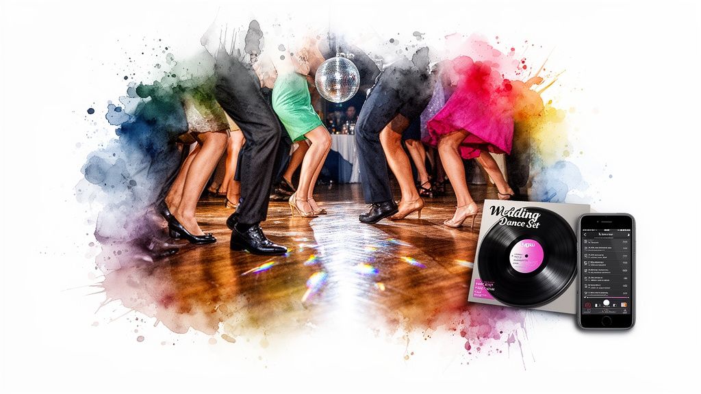 Energetic wedding guests dancing on an illuminated floor, with a 'Wedding Dance Set' vinyl record and a music playlist app.