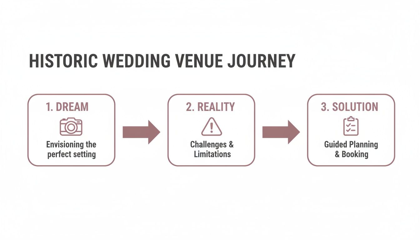 Diagram illustrating the historic wedding venue journey with three steps: Dream, Reality, and Solution.