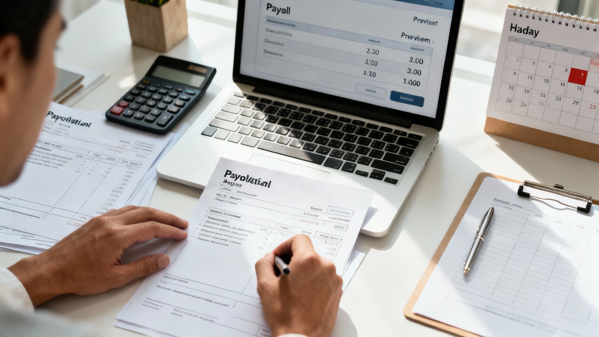 A person reviews payroll documents and uses a laptop and calculator on a white desk.