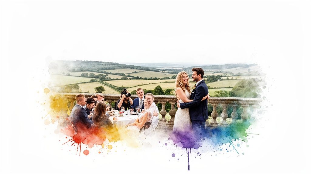 A happy bride and groom embrace on a balcony at a wedding, overlooking a scenic countryside landscape.