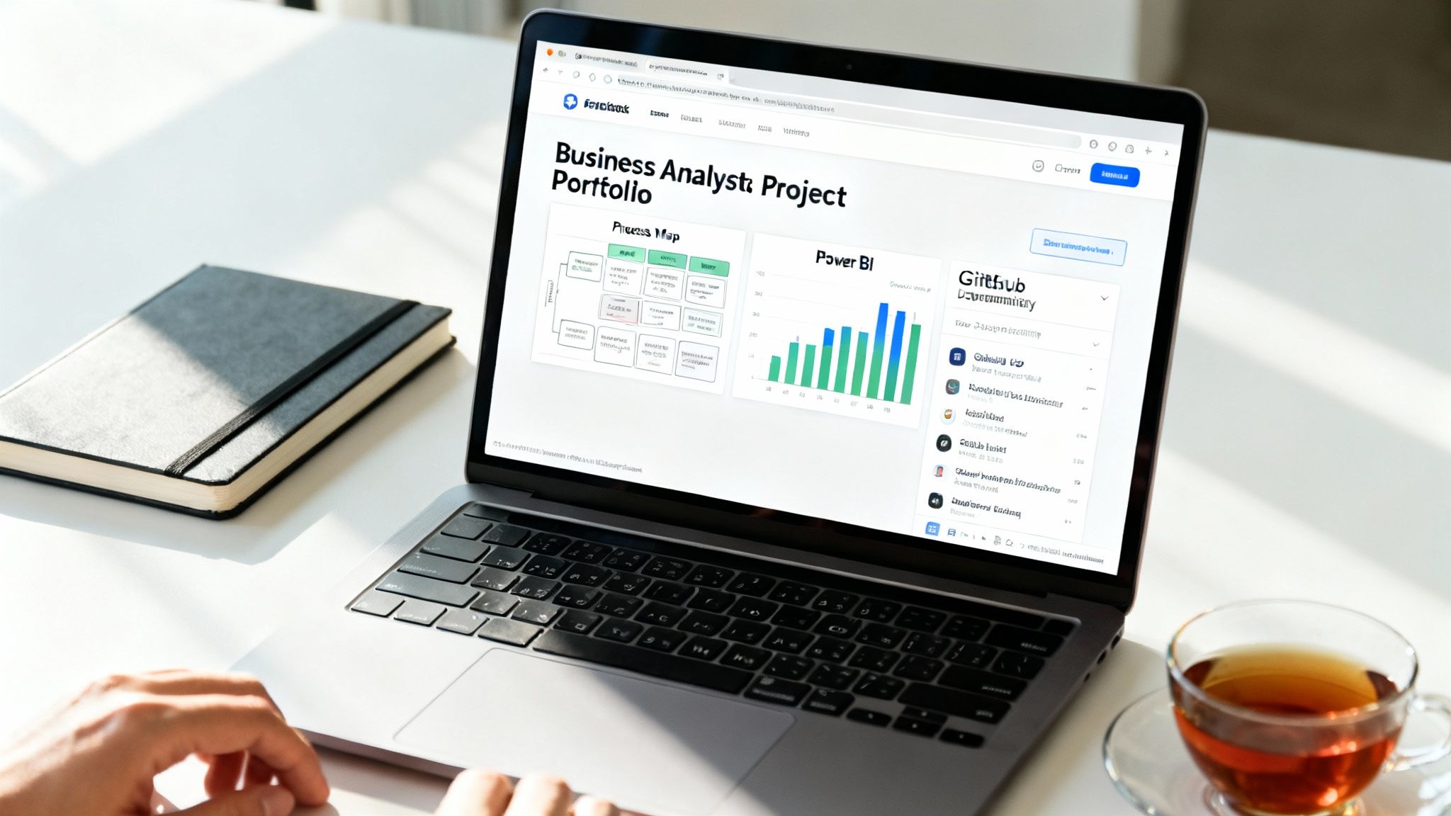A person's hands near a laptop showing a business analyst project portfolio webpage, with a notebook and tea.