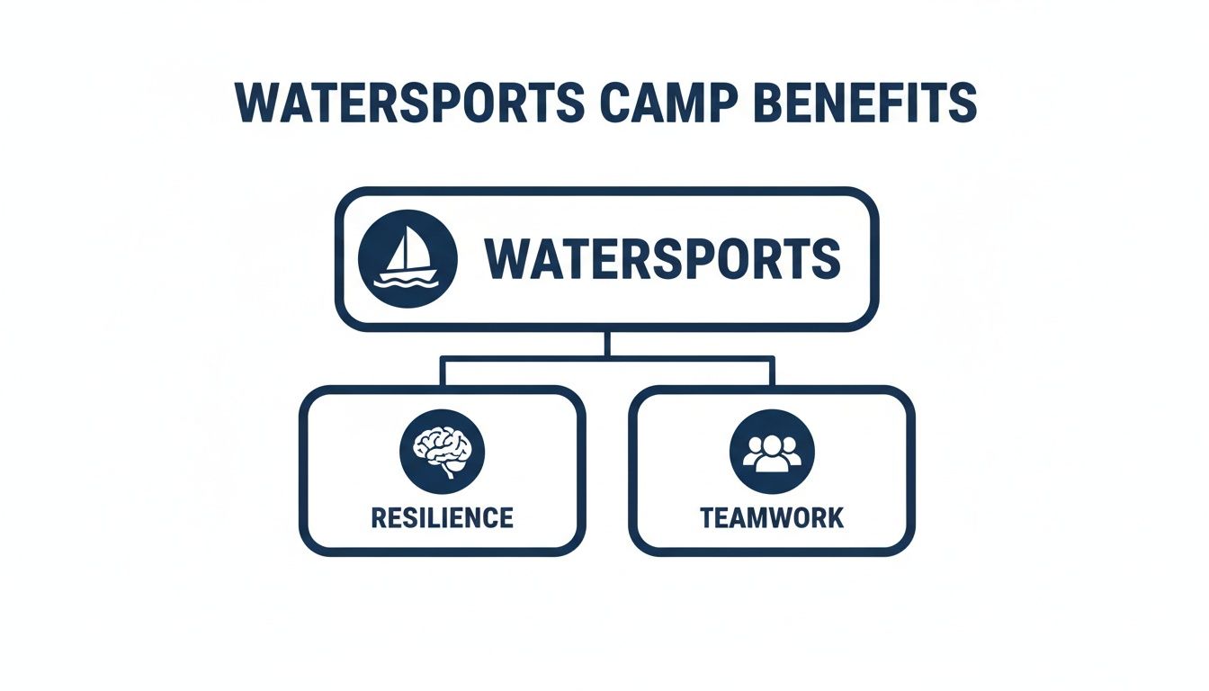 A diagram illustrating watersports camp benefits, including resilience (brain icon) and teamwork (group icon).