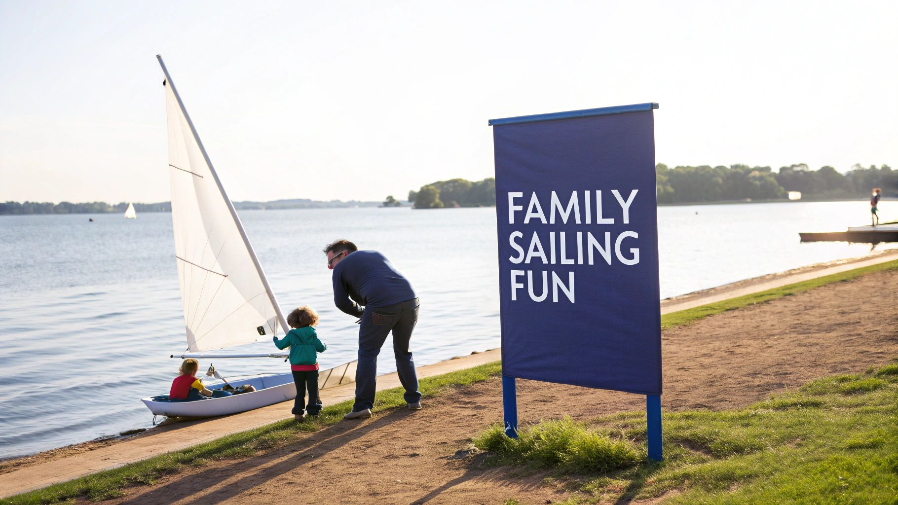 A family with two children prepares a small sailboat by a lake under a bright sky, next to a 'FAMILY SAILING FUN' sign.