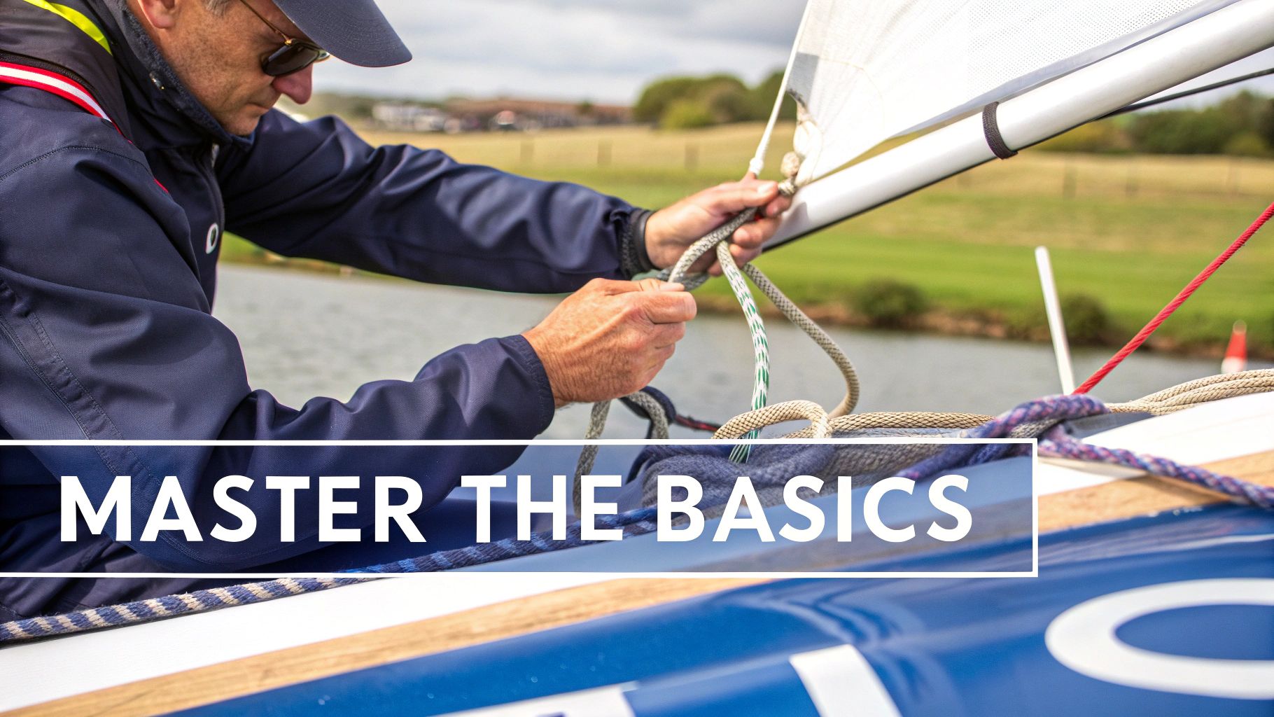A man in sunglasses and a navy jacket ties sailing ropes on a boat, with text 'MASTER THE BASICS'.