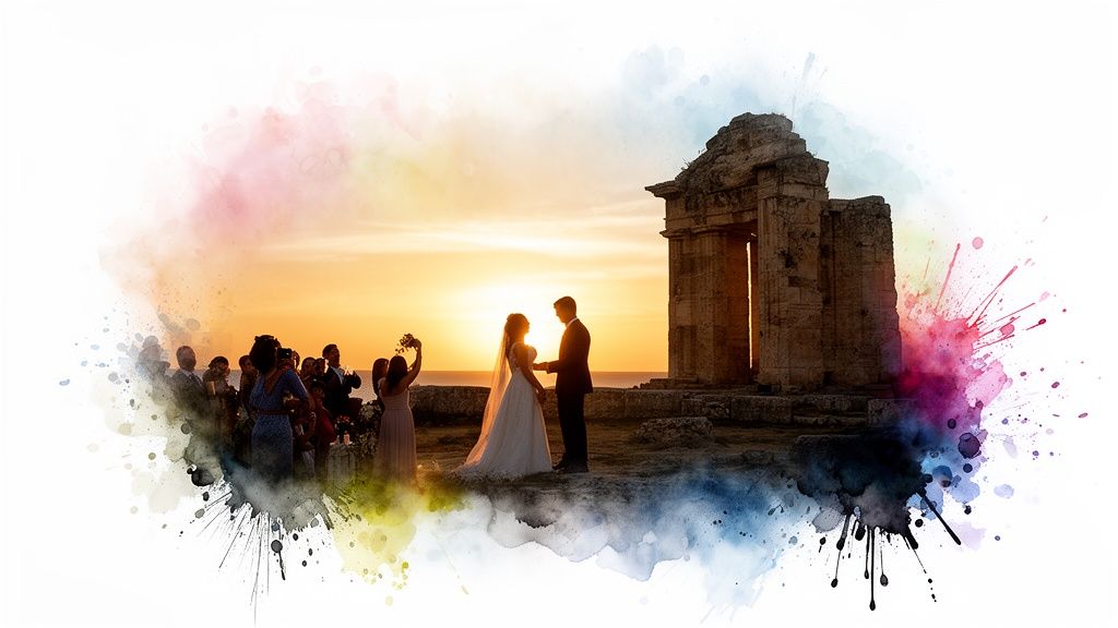 Silhouette of a wedding couple exchanging vows at sunset by ancient ruins with watercolor art.
