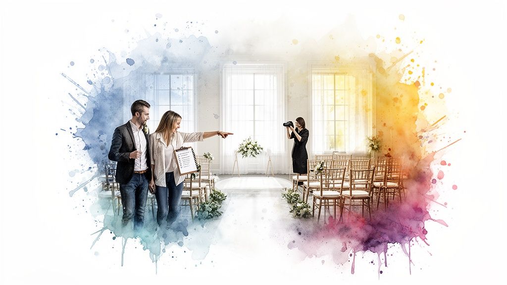 A wedding planner guides a couple in a beautifully decorated venue while a photographer takes pictures.