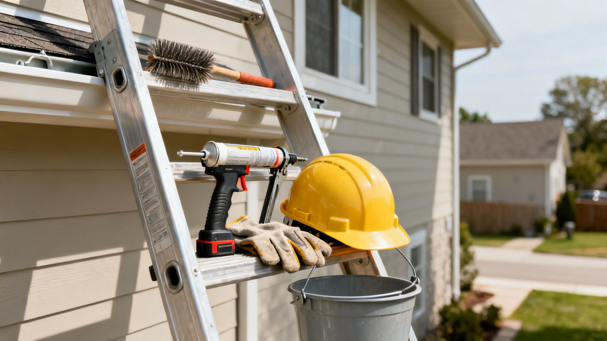 A ladder leans against a house with tools for gutter repair and home maintenance.
