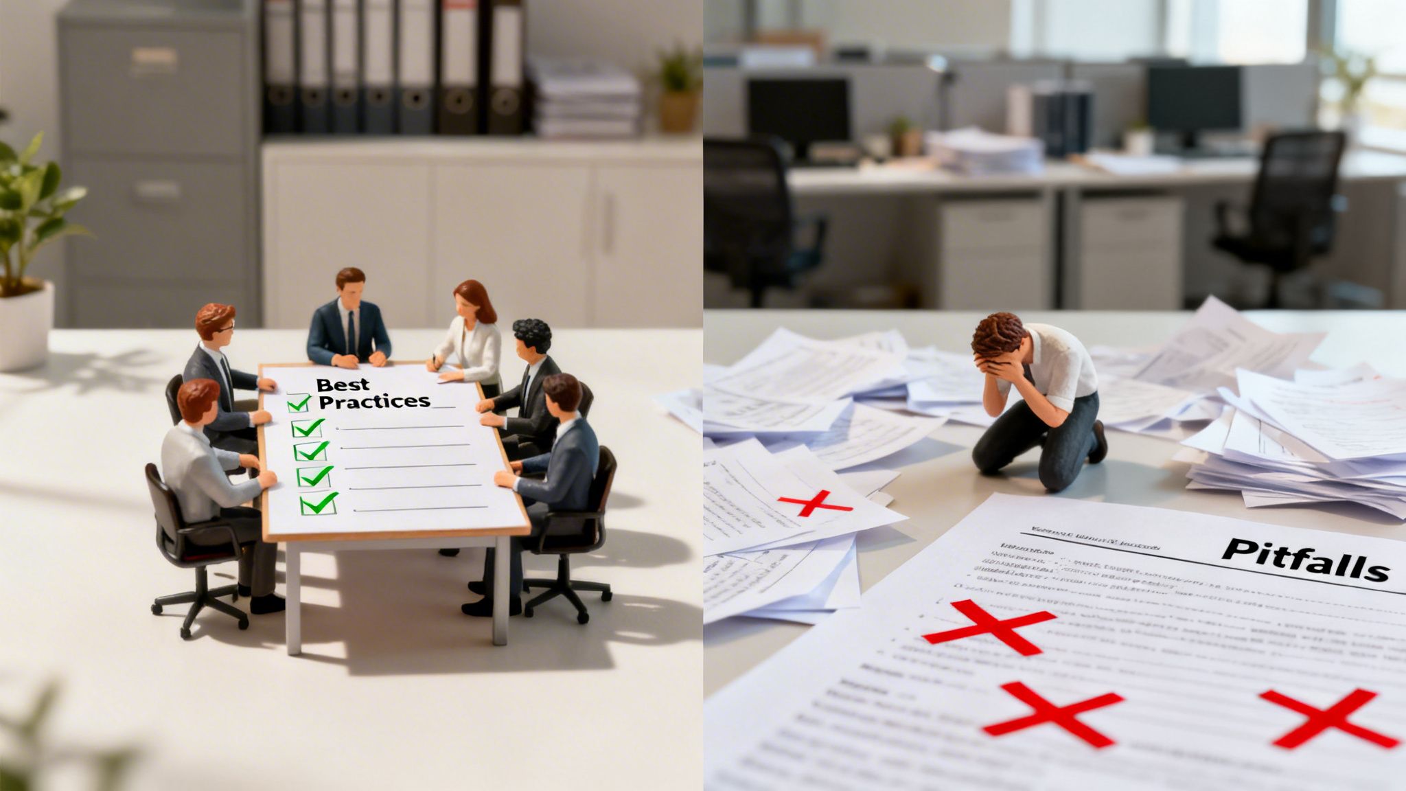 Split image: a team at a "Best Practices" meeting on one side, and a person distressed by "Pitfalls" on the other.