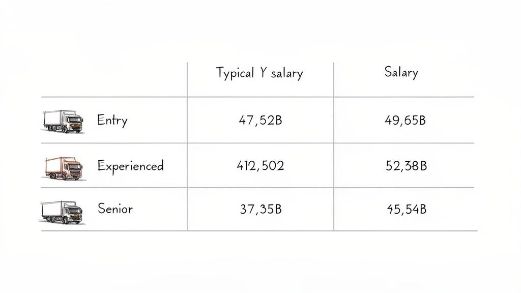Table comparing entry, experienced, and senior truck driver salaries across two different categories.