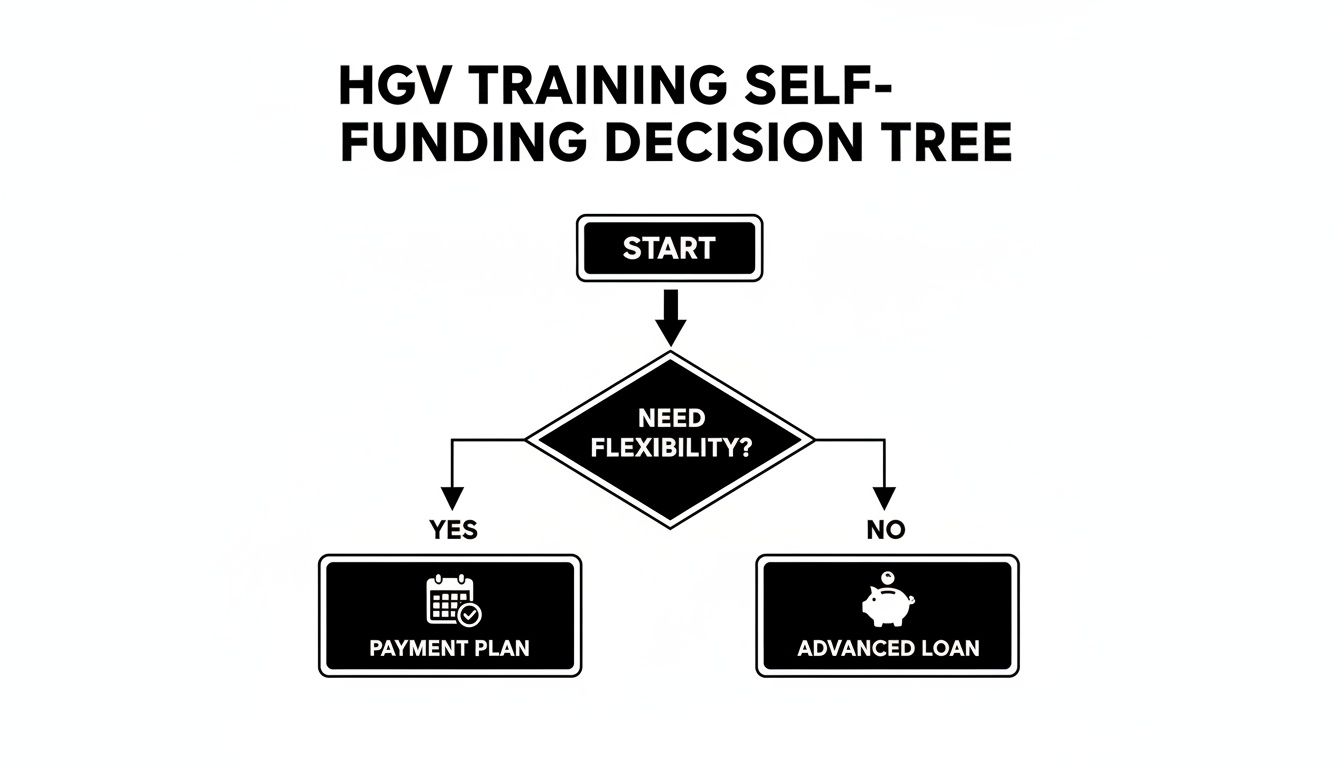 A flowchart titled 'HGV Training Self-Funding Decision Tree' outlining payment plan and advanced loan options.