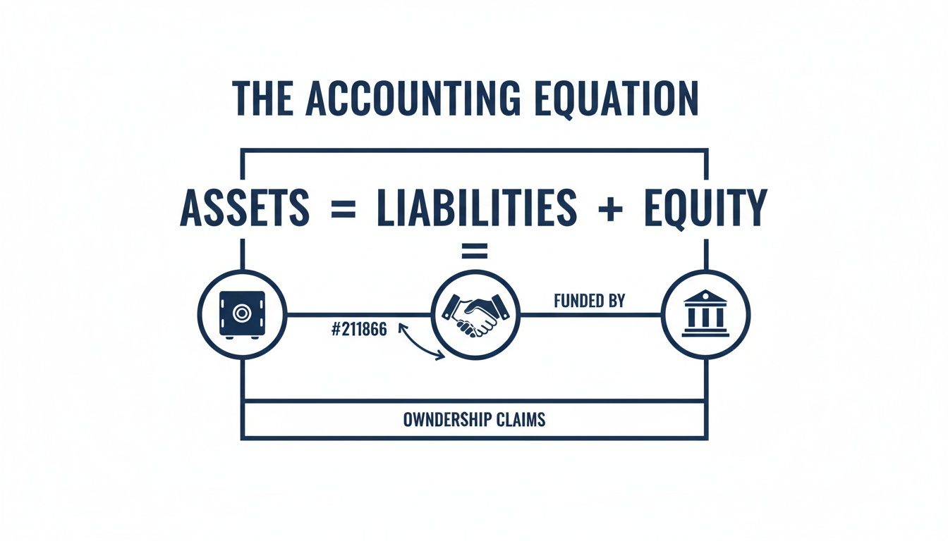 Diagram illustrating the accounting equation: Assets = Liabilities + Equity, with icons and relationships.